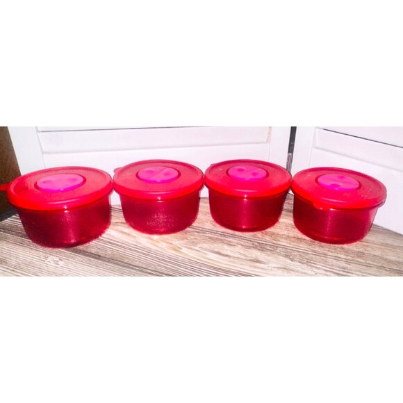 4 Tupperware Rock N Serve 1.5 Cup Red Microwave Dip/Soup Bowl #1667 Vent Lid - Picture 1 of 2